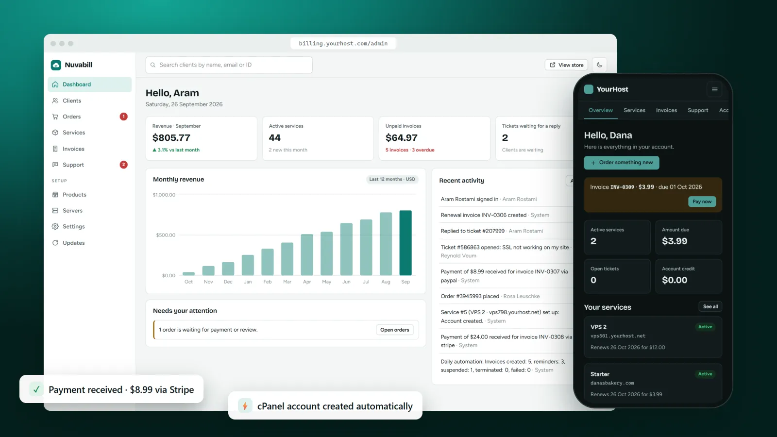 Nuvabill admin dashboard with revenue, unpaid invoices and recent activity, next to the client area on a phone