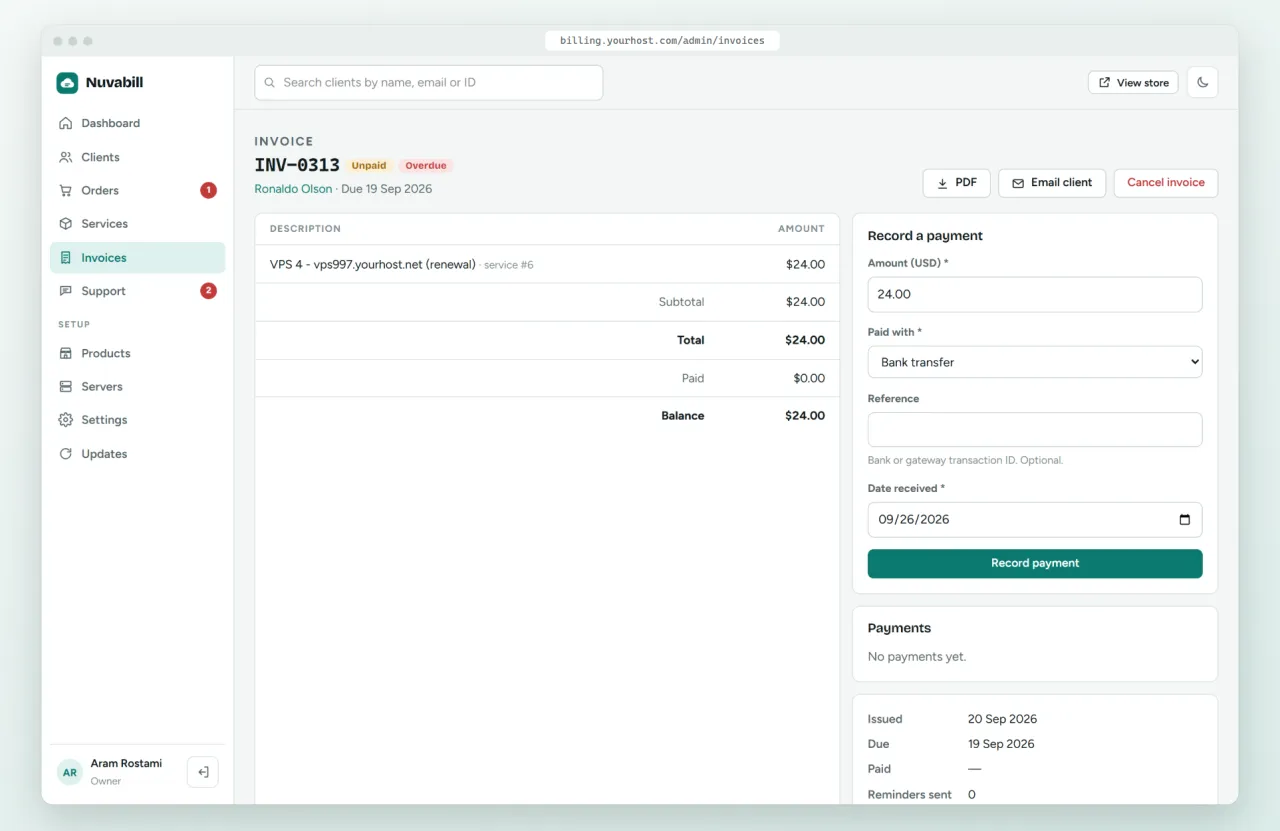 An invoice in the Nuvabill admin area with payments