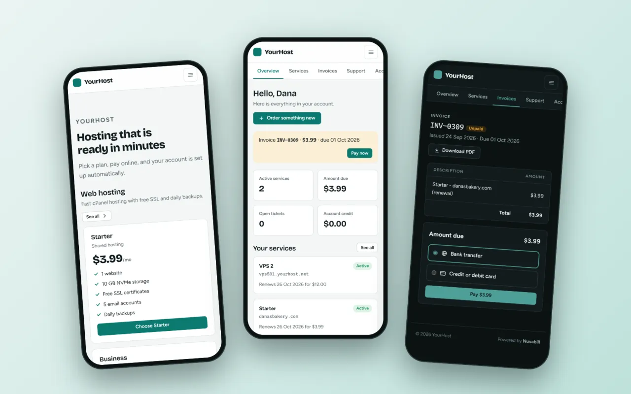 Nuvabill admin and client area on mobile phones