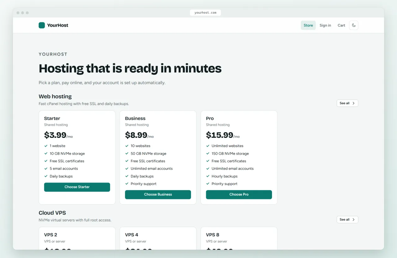 The Nuvabill store with hosting plans and prices