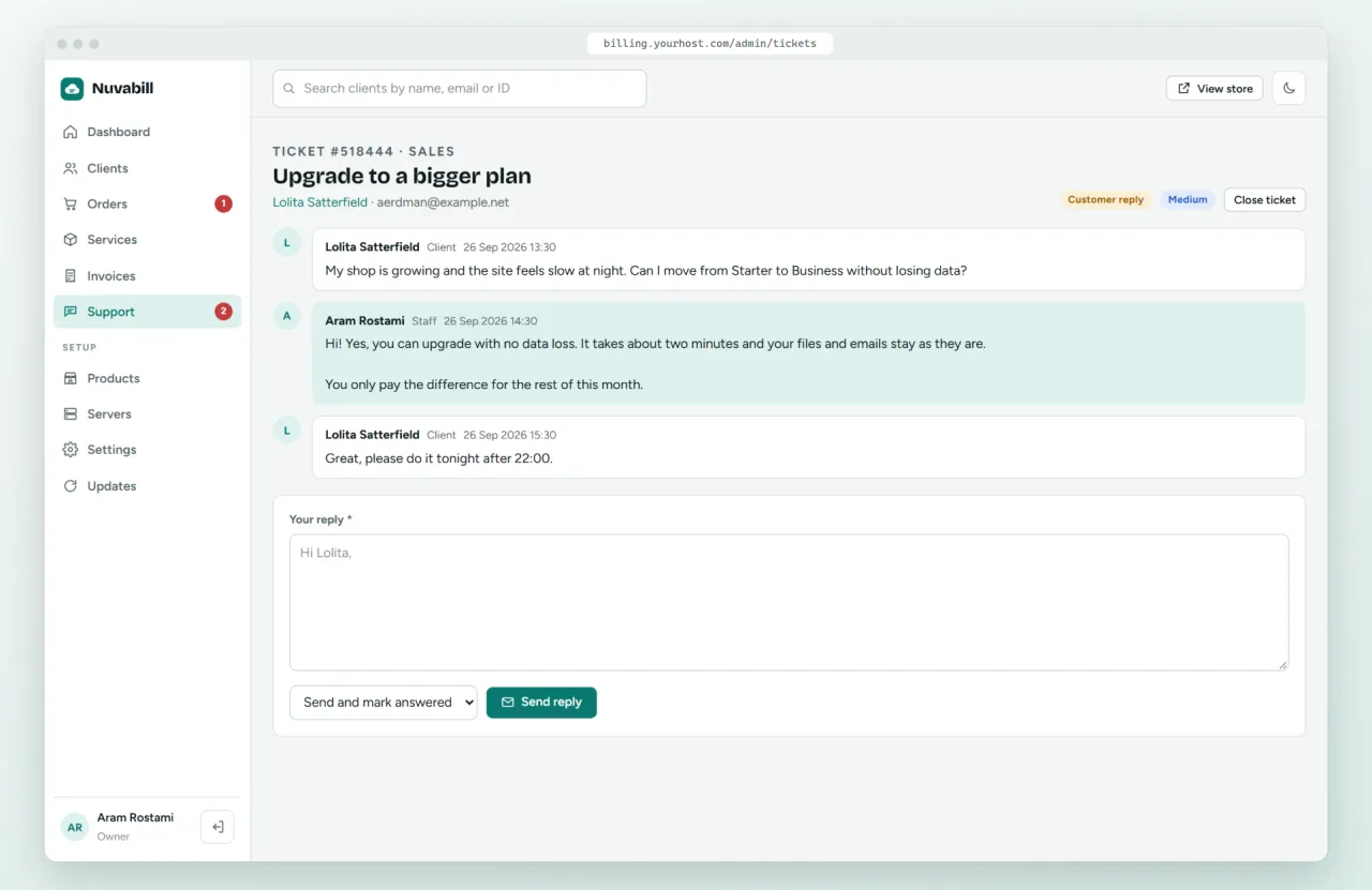 A support ticket conversation in Nuvabill