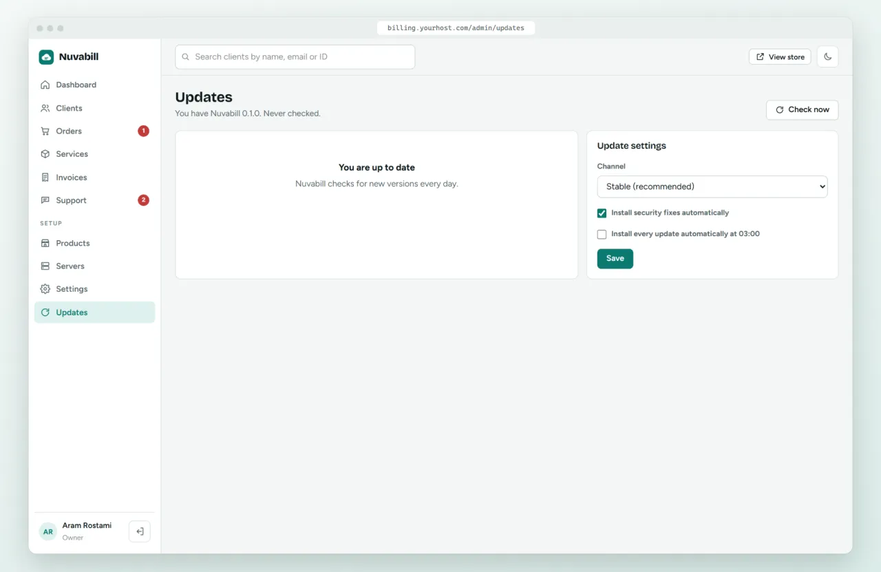 The Nuvabill updates page with signed update settings